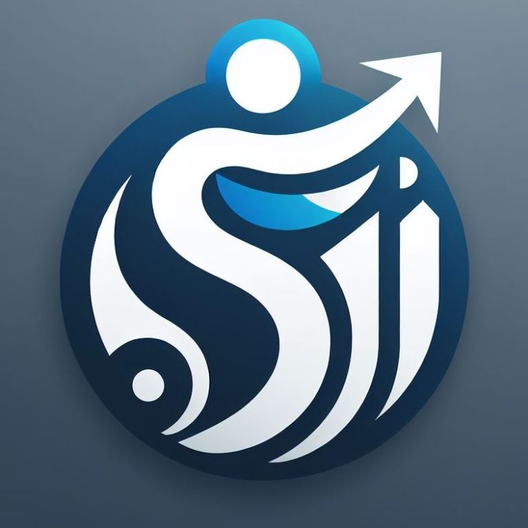 Logo Schaatsbergen Advies Logo met abstracte figuur en pijl die omhoog wijst, in blauwe en grijze tinten.